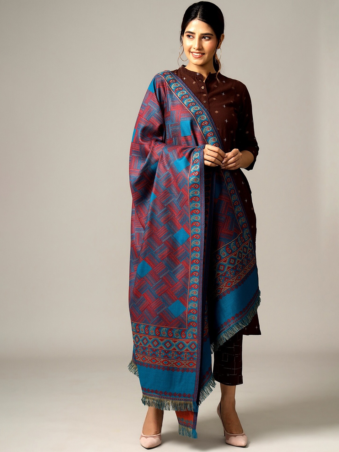 

HANDICRAFT PALACE Women Wool Turquoise Blue & Red Woven-Design Shawl