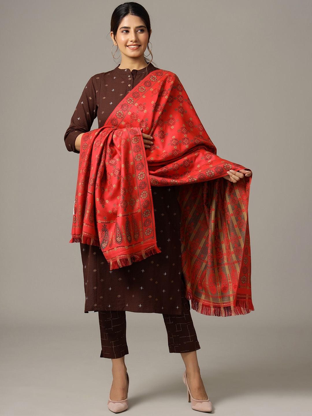 

HANDICRAFT PALACE Women Pink Printed Woven-Design Shawl