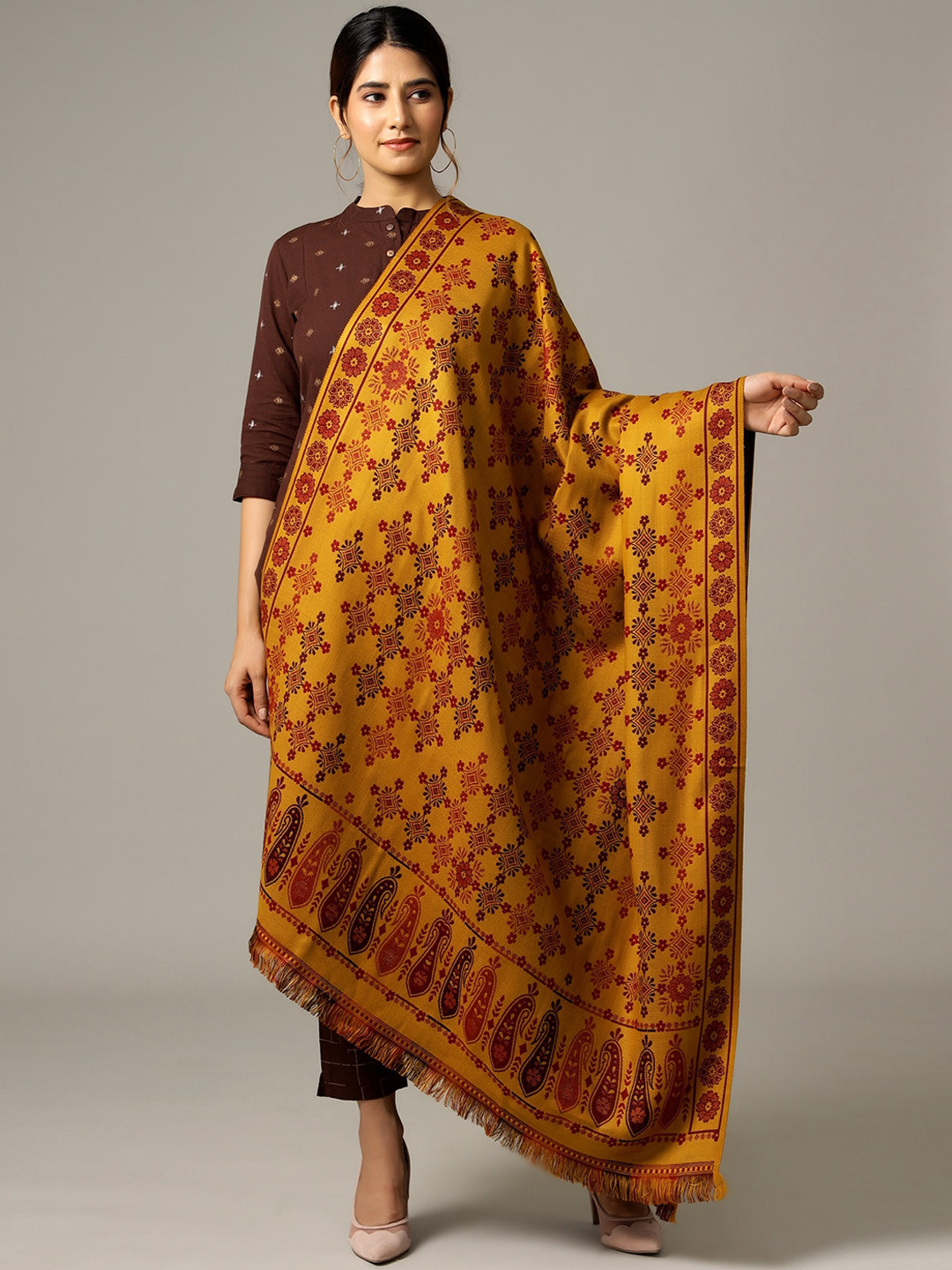 

HANDICRAFT PALACE Women Mustard Yellow & Red Woven Design Shawl