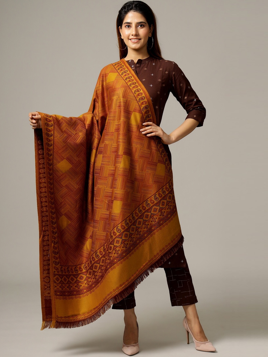 

HANDICRAFT PALACE Women Mustard Yellow & Brown Woven Design Shawl