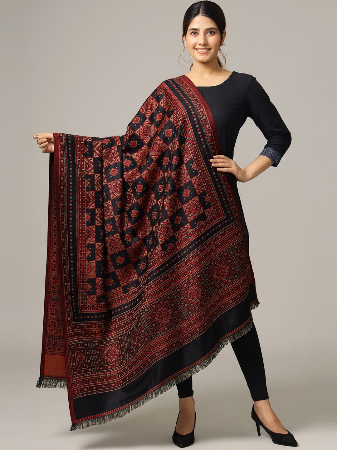 

HANDICRAFT PALACE Women Black & Red Woven-Design Shawl