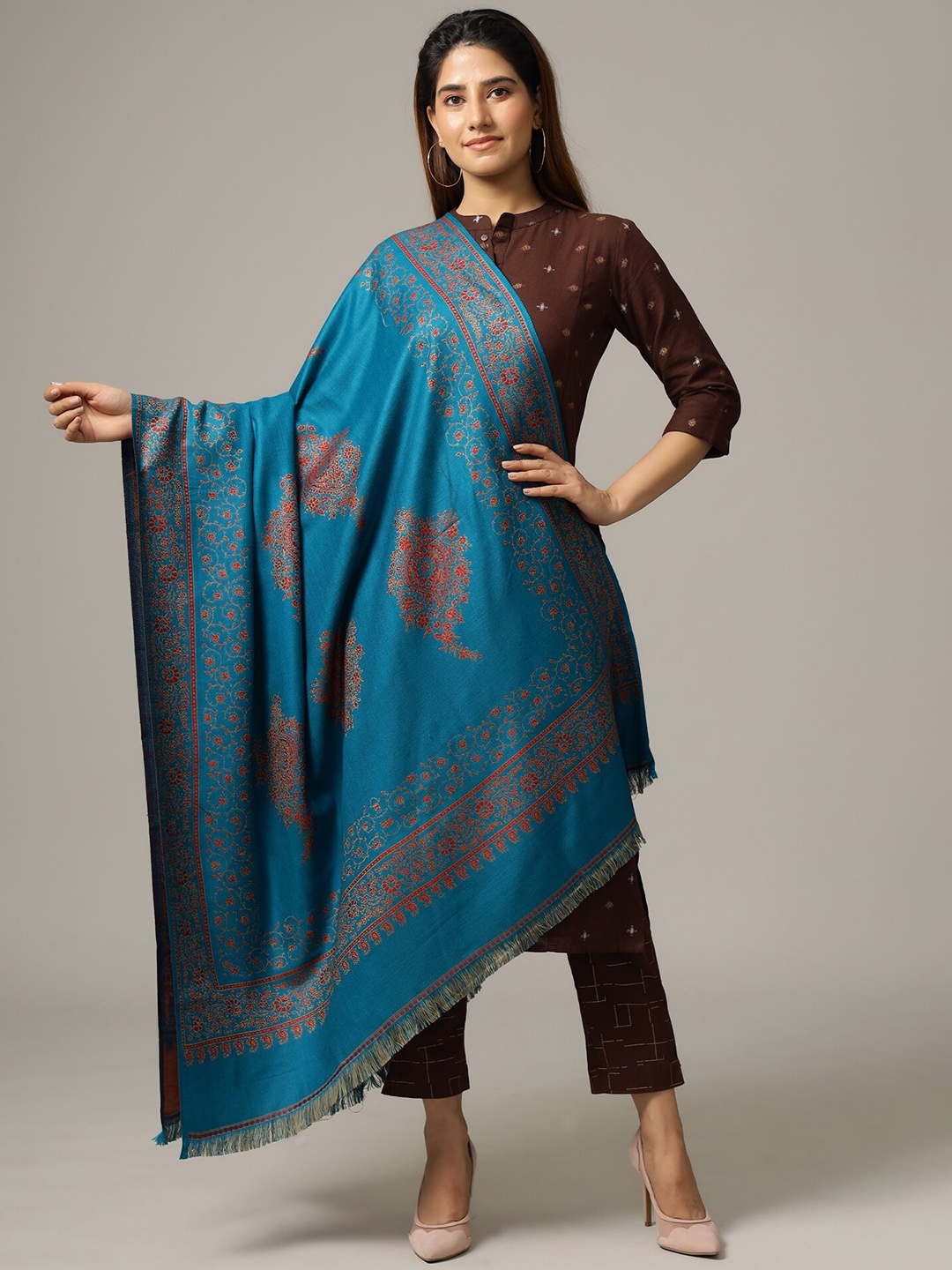 

HANDICRAFT PALACE Women Turquoise Blue Woven-Design Shawl