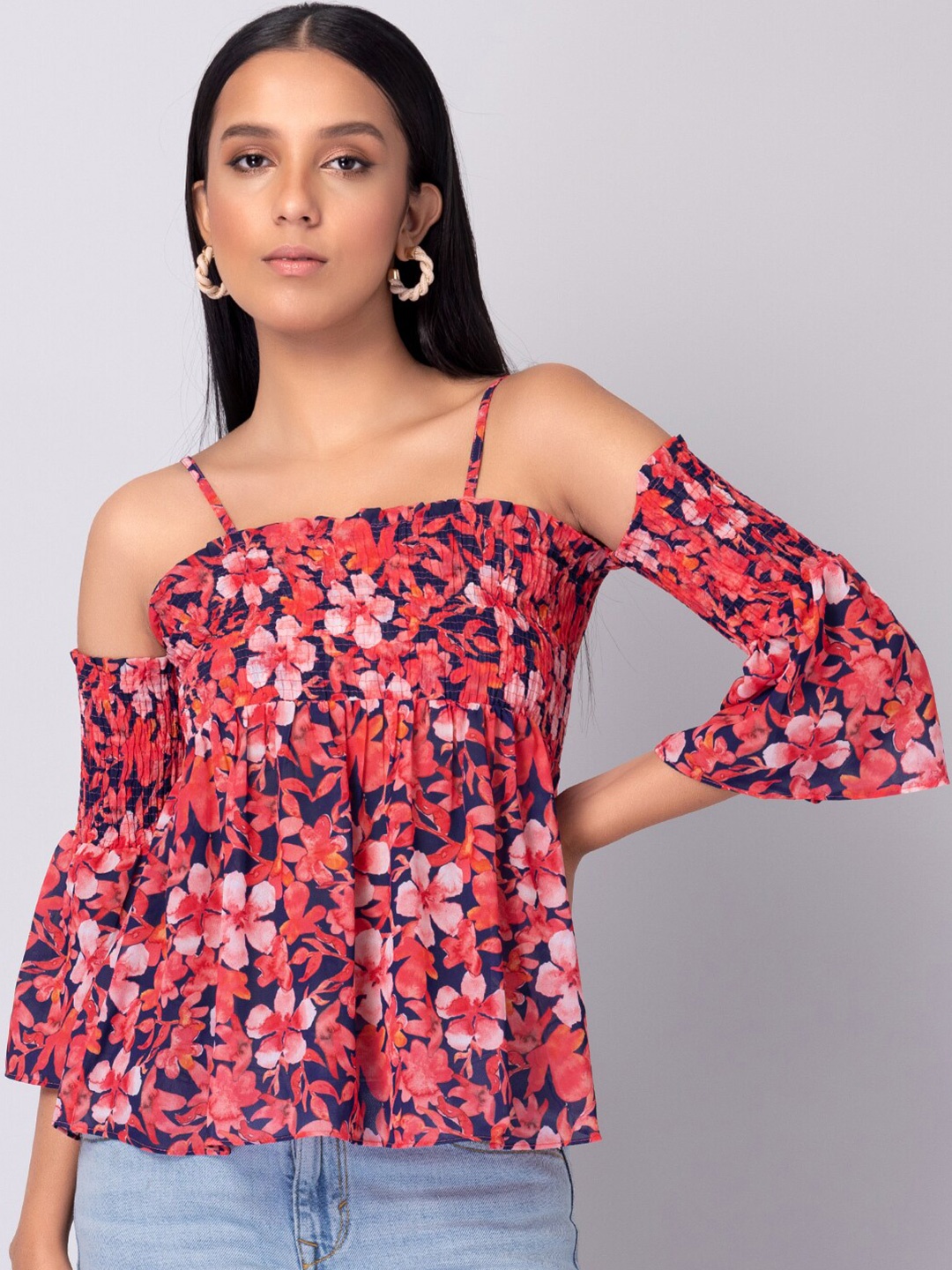 

FabAlley Women Red & Navy Blue Floral Print Crepe Top