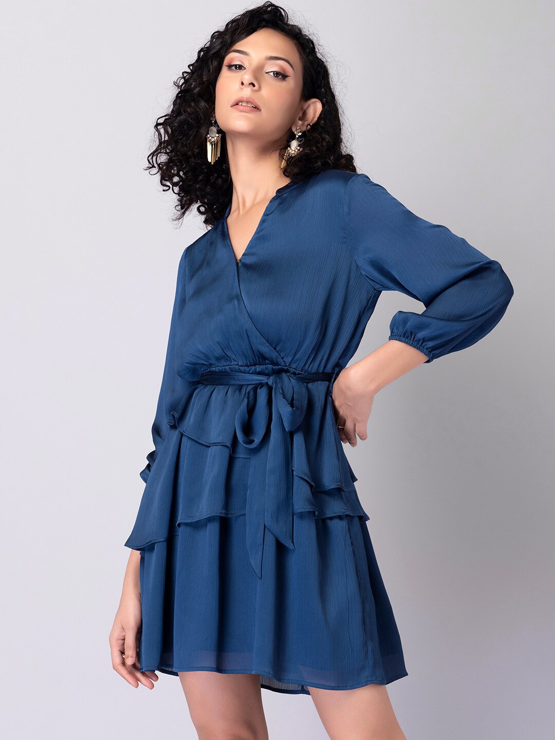 

FabAlley Blue Solid Satin Wrap Dress