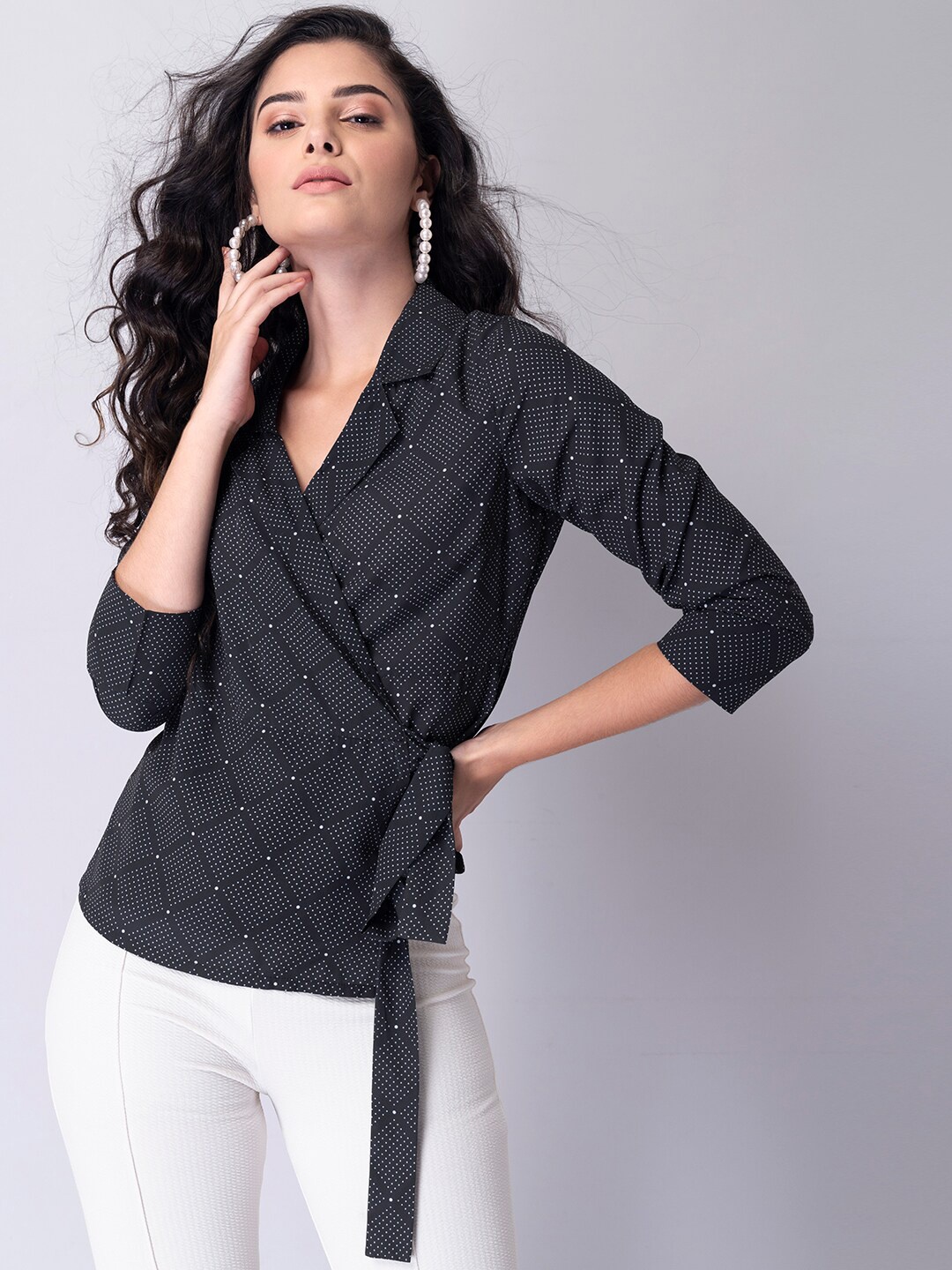 

FabAlley Women Black & White Geometric Print Crepe Wrap Top