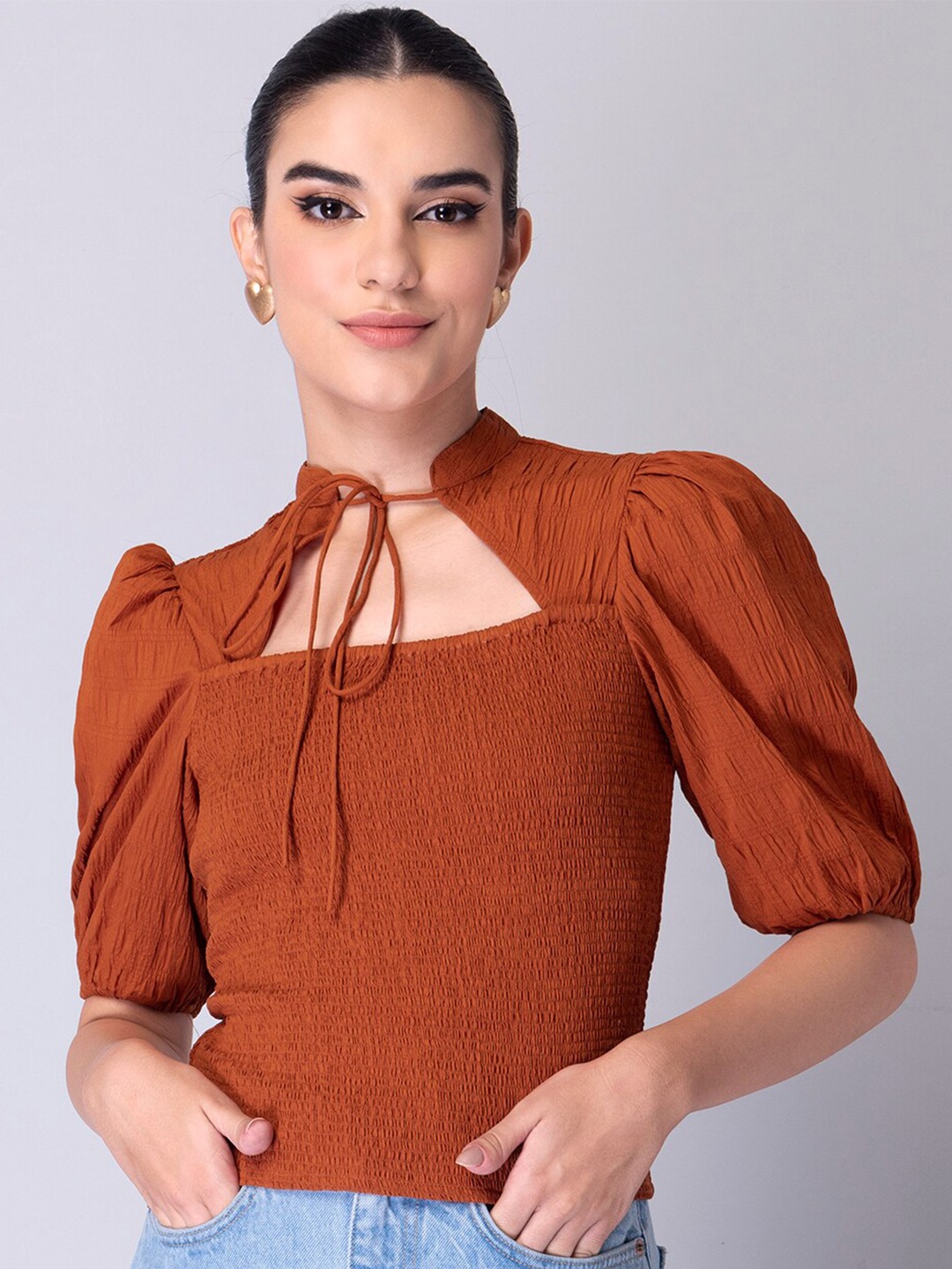 

FabAlley Tie-Up Neck Crepe Top, Orange