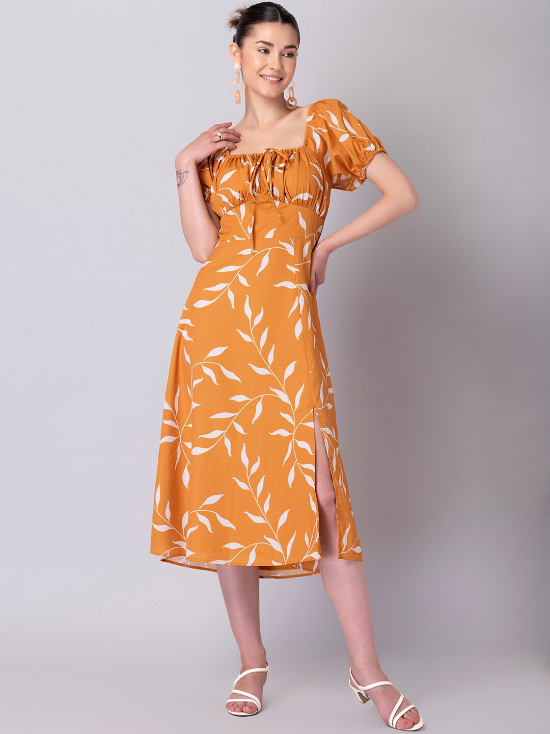 

FabAlley Mustard Yellow & White A-Line Midi Dress