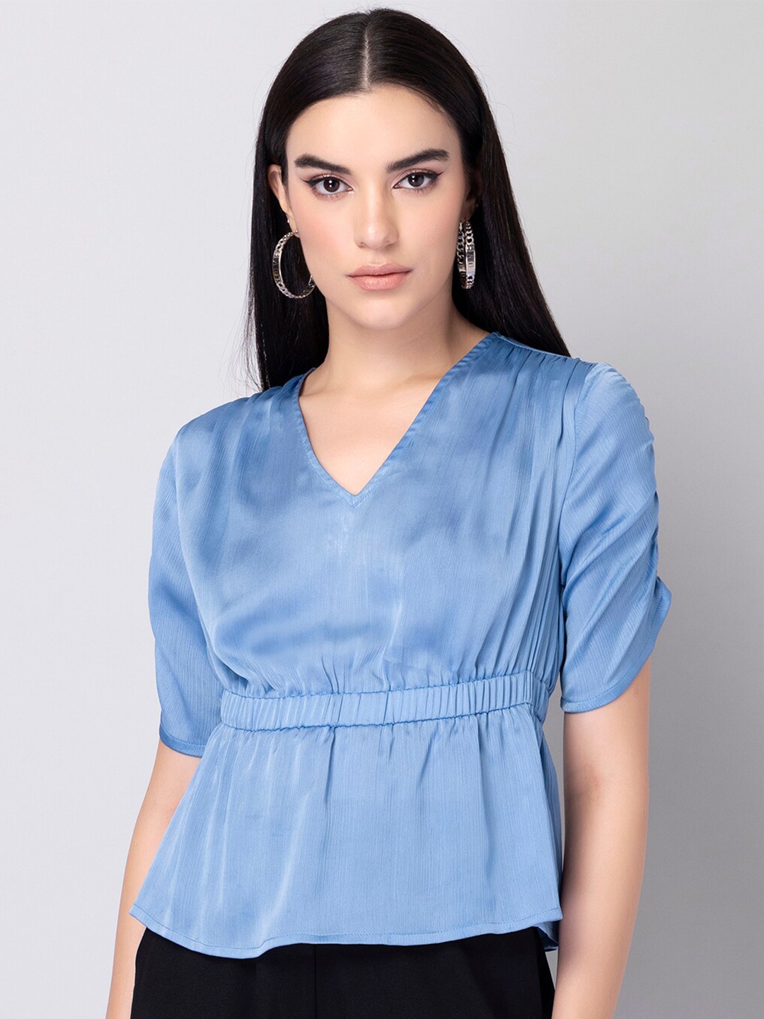 

FabAlley Women Blue Satin Cinched Waist Top