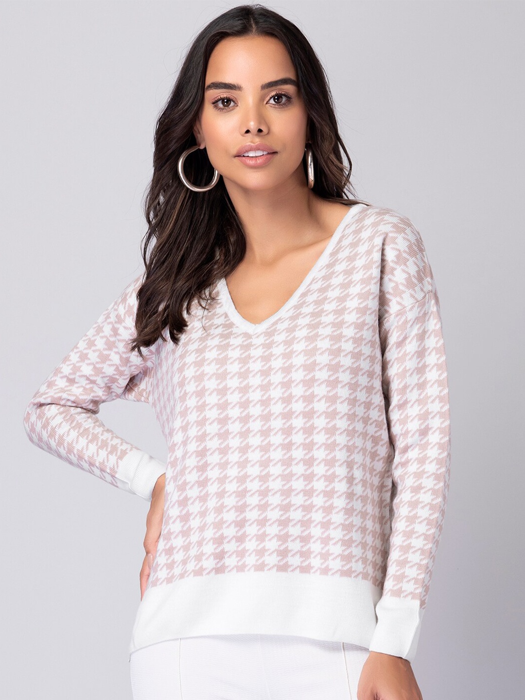 

FabAlley Women Pink & White Checked Pullover
