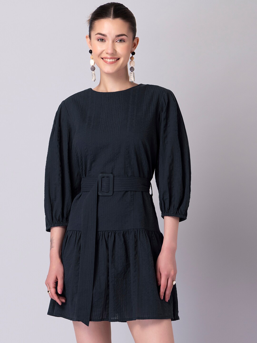 

FabAlley Navy Blue Cotton A-Line Dress