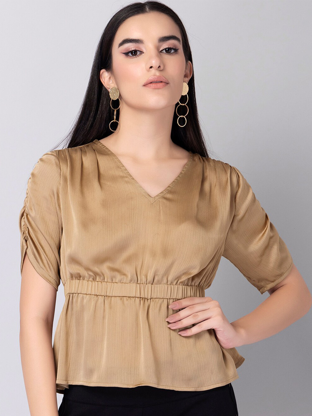 

FabAlley Women Beige Satin Cinched Waist Top