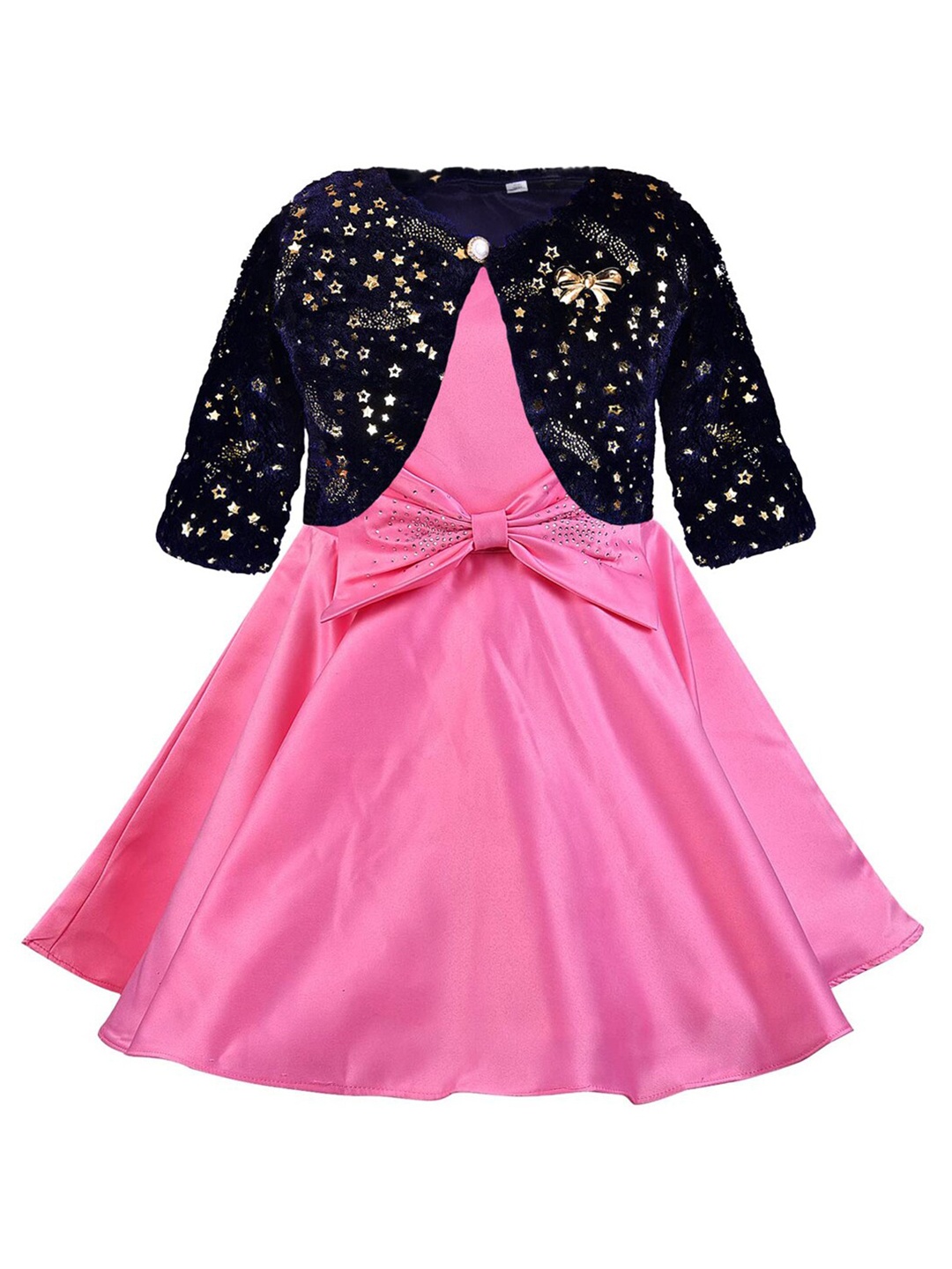 

Wish Karo Girls Baby Pink Fit & Flare Dress with Navy Blue Embellished Jacket