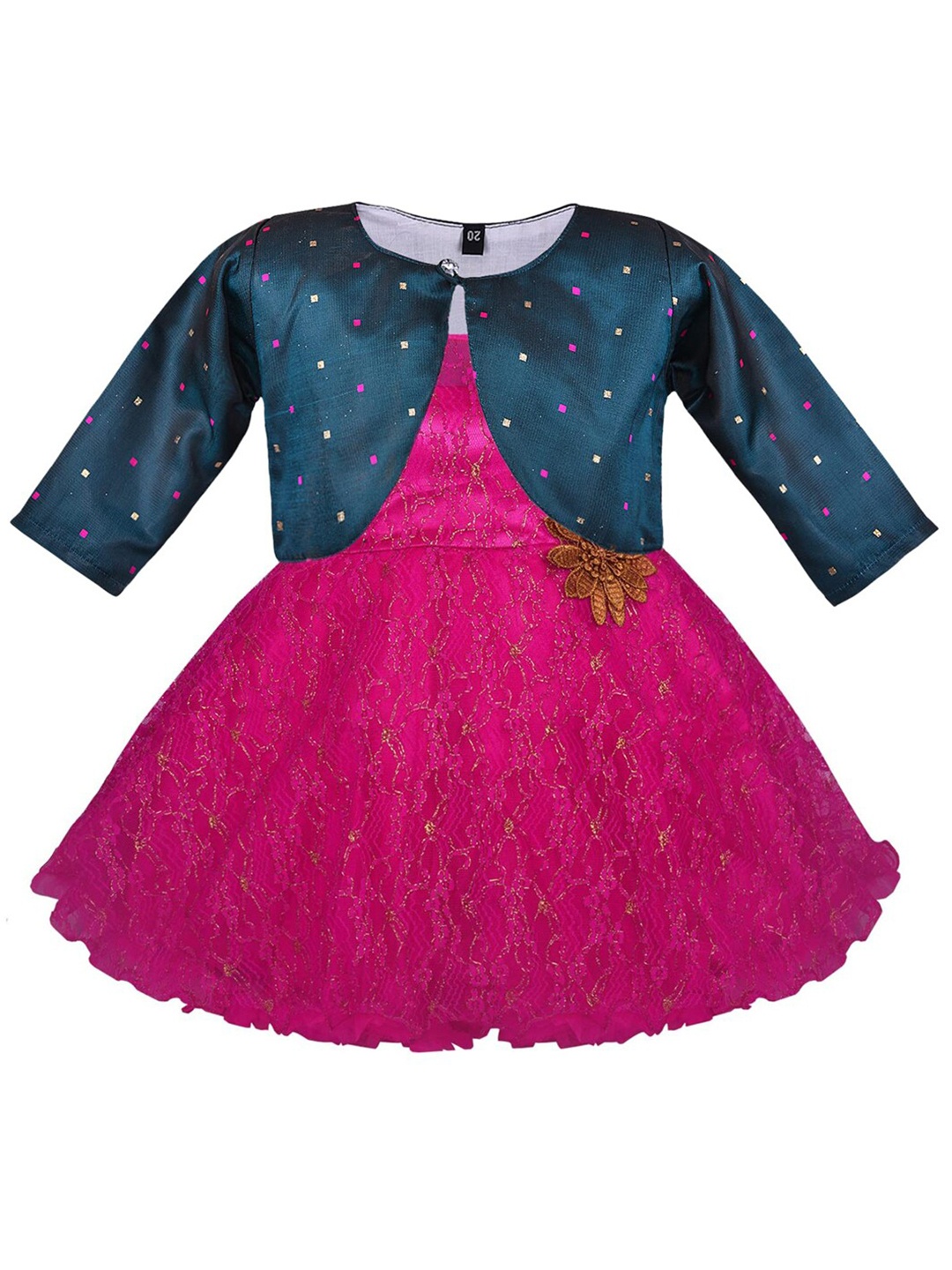 

Wish Karo Girls Pink & Gold-Toned Self Design Fit & Flare Applique Net Dress With Jacket