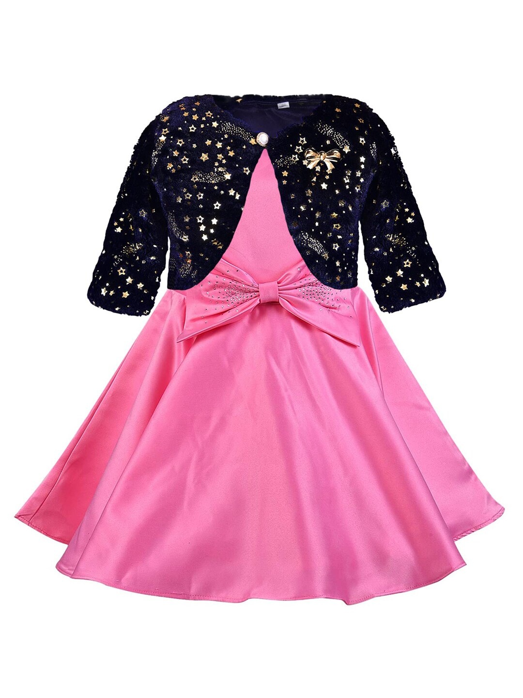 

Wish Karo Girls Baby Pink Fit & Flare Dress with Navy Blue Embellished Jacket