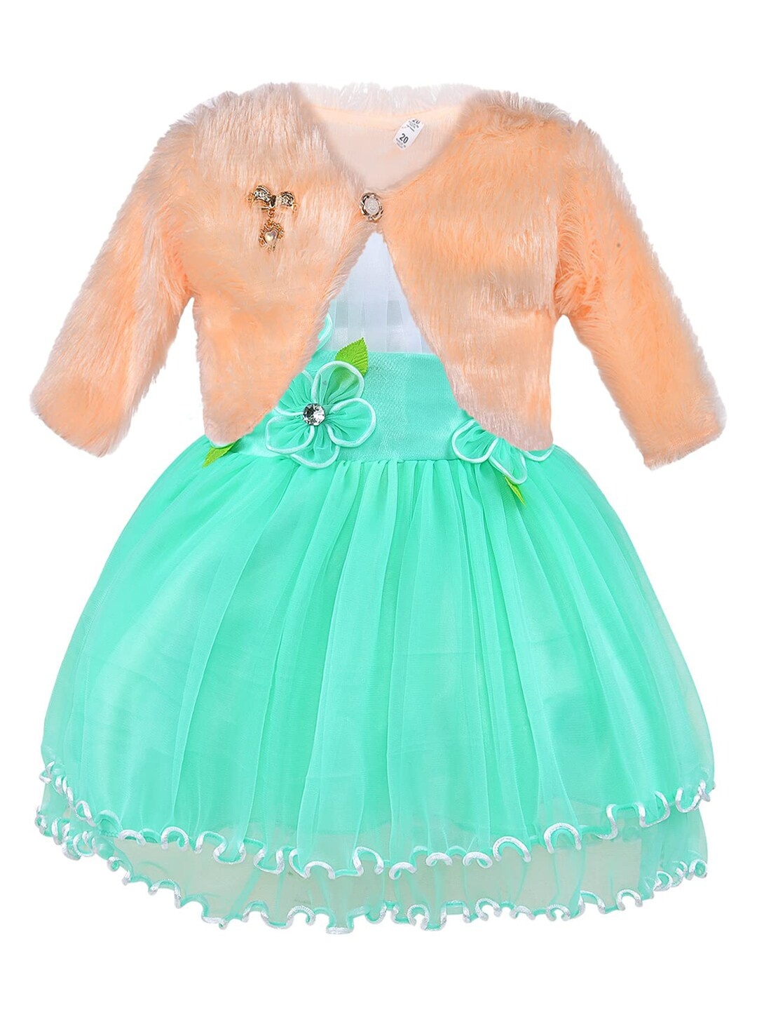 

Wish Karo Girls Green & Peach-Coloured Applique Fit & Flare Georgette Dress With Jacket