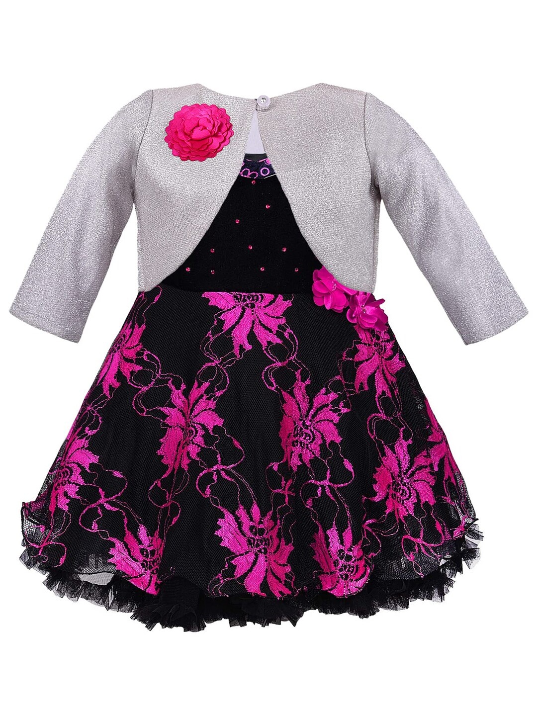 

Wish Karo Girls Black & Pink Floral Self Design Net Fit & Flare Dress With Jacket