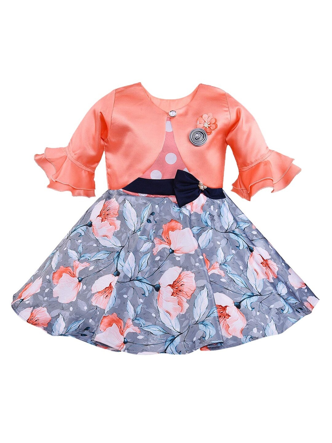 

Wish Karo Girls Grey & Peach-Coloured Floral Printed Fit & Flare Dress With Jacket