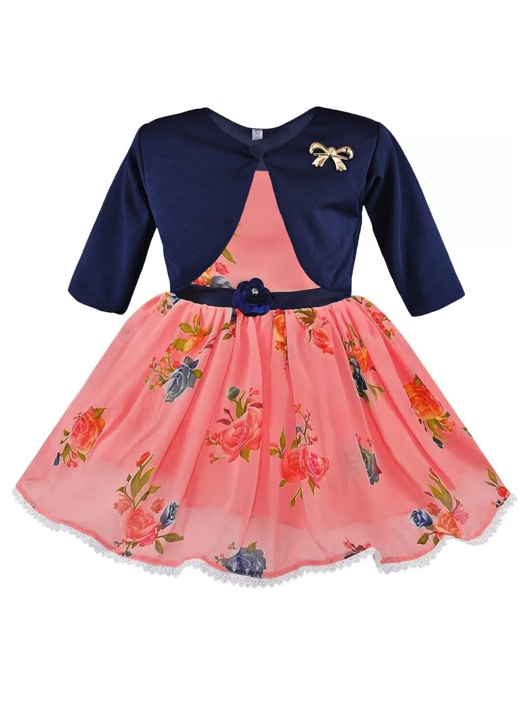 

Wish Karo Girls Peach & Blue Floral Printed Fit & Flare Georgette Dress With Jacket