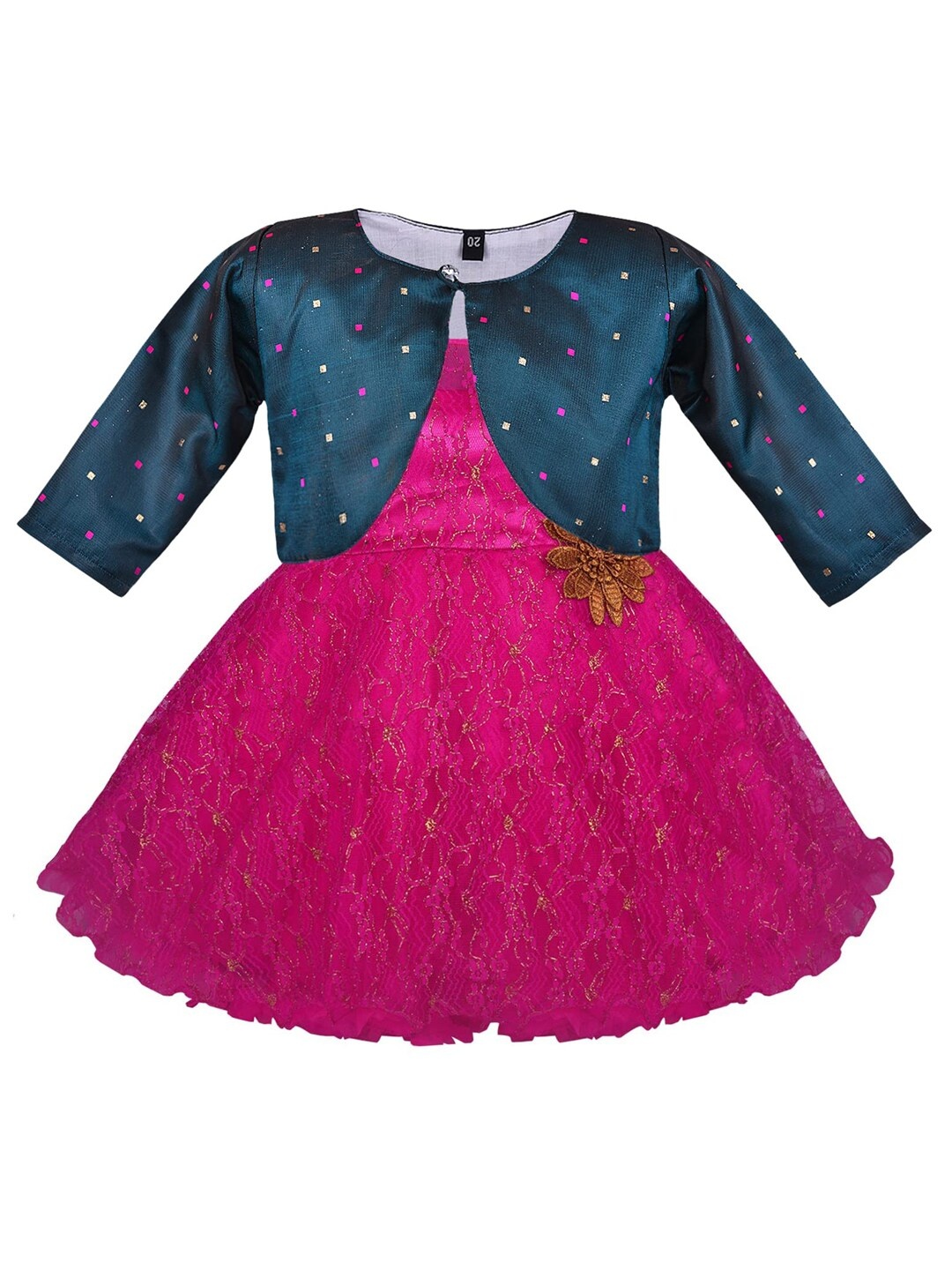 

Wish Karo Girls Pink & Blue Applique Fit & Flare Net Dress With Jacket