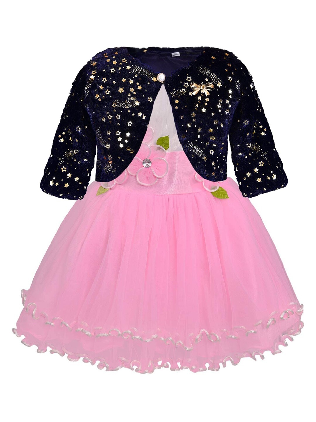 

Wish Karo Girls Pink & Navy Blue Applique Fit & Flare Dress With Embellished Jacket