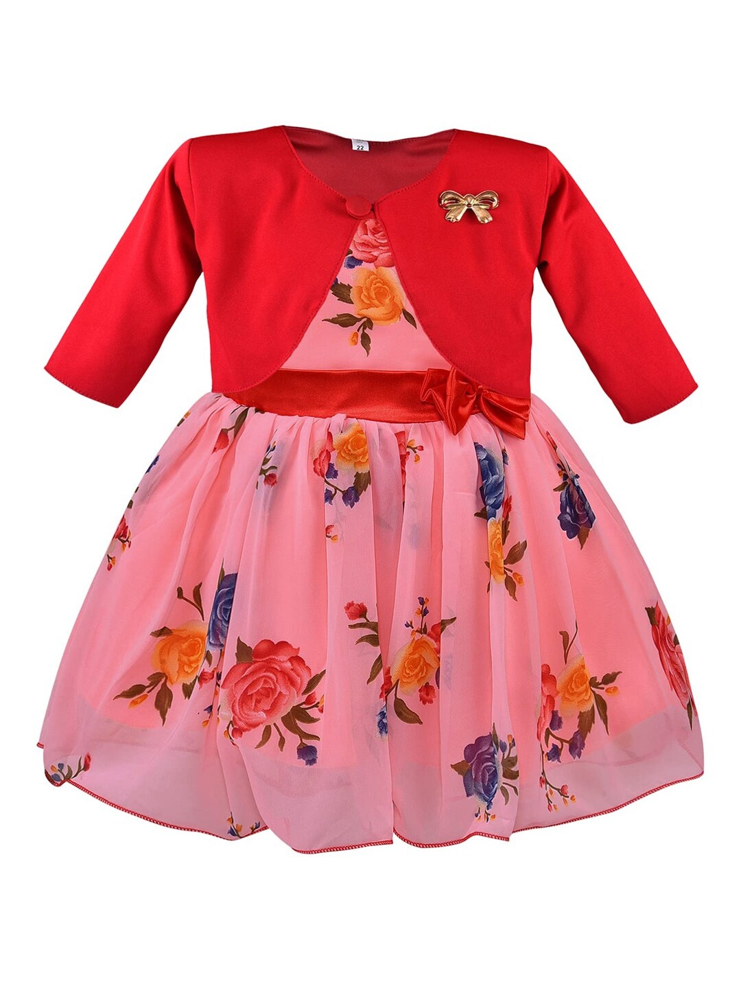 

Wish Karo Girls Peach-Coloured & Red Floral Printed Fit & Flare Dress With Jacket