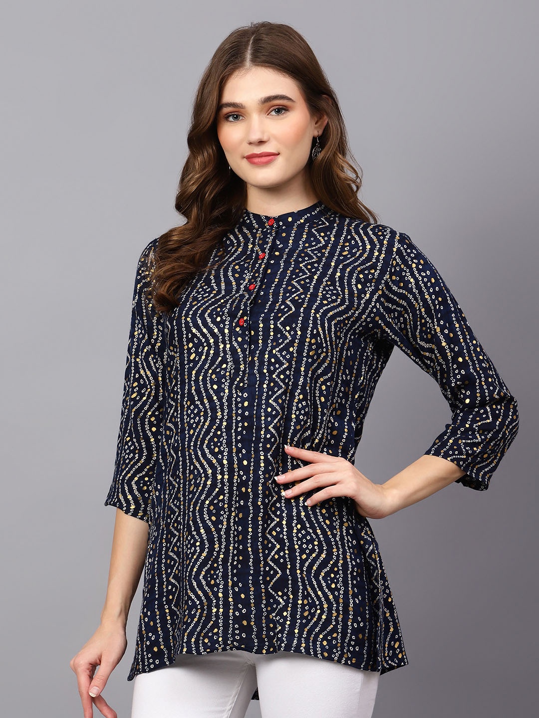 

Indietoga Women Plus Size Navy Blue Mandarin Collar Bandhani Printed Tunic