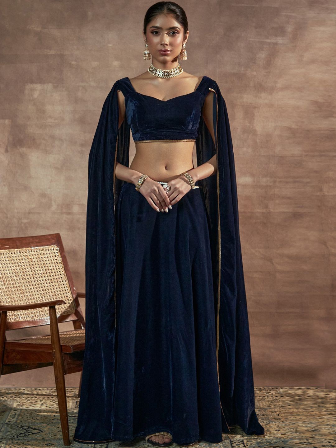 

Alaya By Stage3 Women Navy Blue & Gold-Toned Velvet Blouse On Top