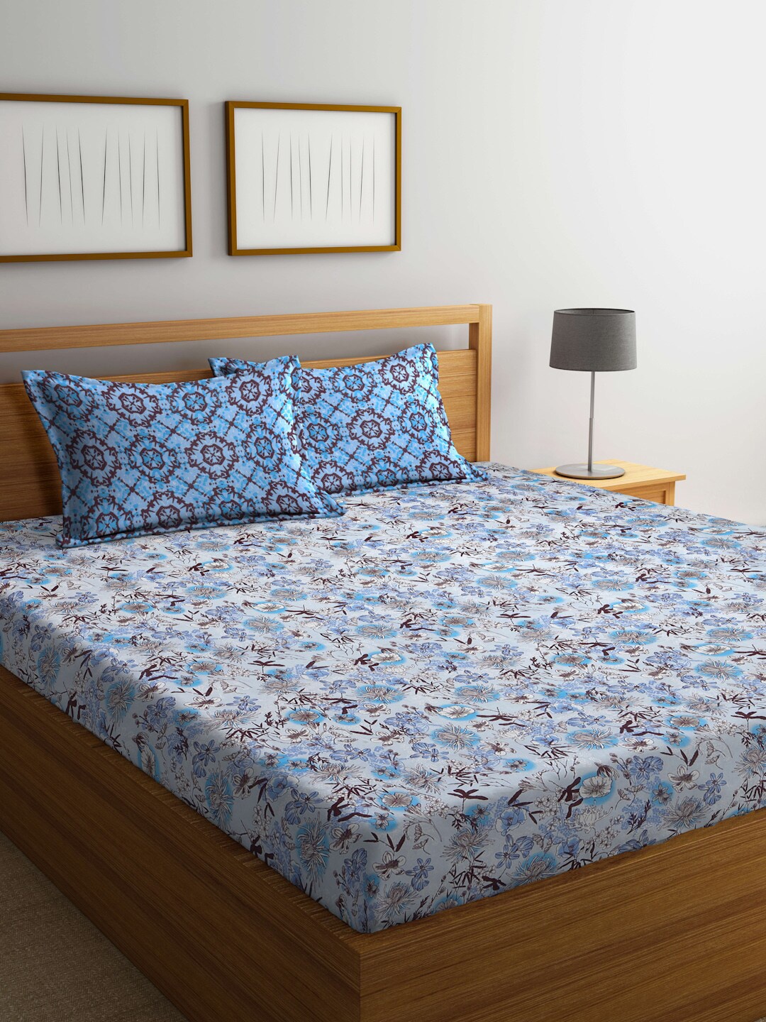 

BOMBAY DYEING Blue & Brown Floral Cotton 96 TC Queen Bedsheet with 2 Pillow Covers