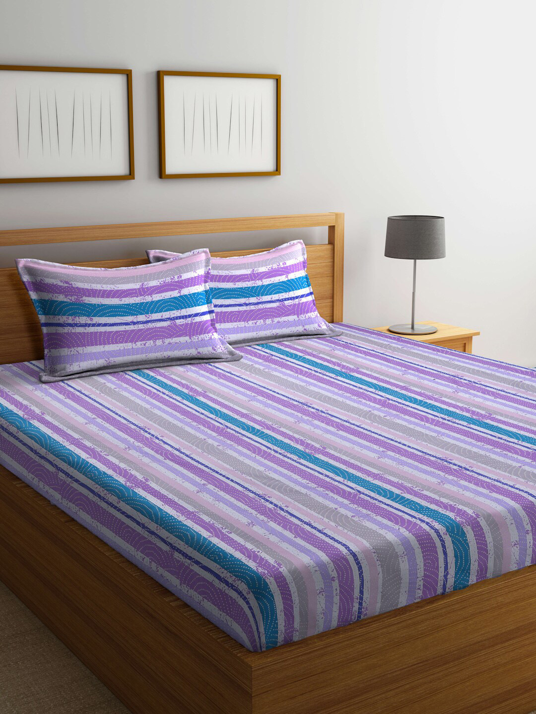 

BOMBAY DYEING Blue & Purple Striped Cotton 120 TC Queen Bedsheet with 2 Pillow Covers