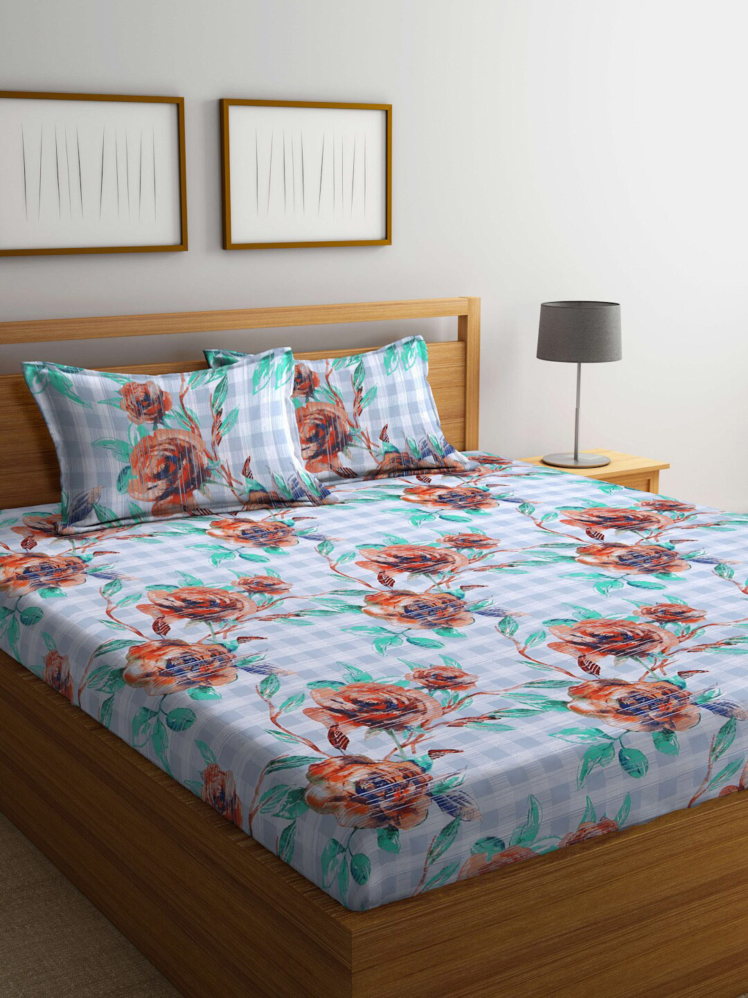 

BOMBAY DYEING Orange & Sea Green Floral Cotton 120 TC King Bedsheet with 2 Pillow Covers