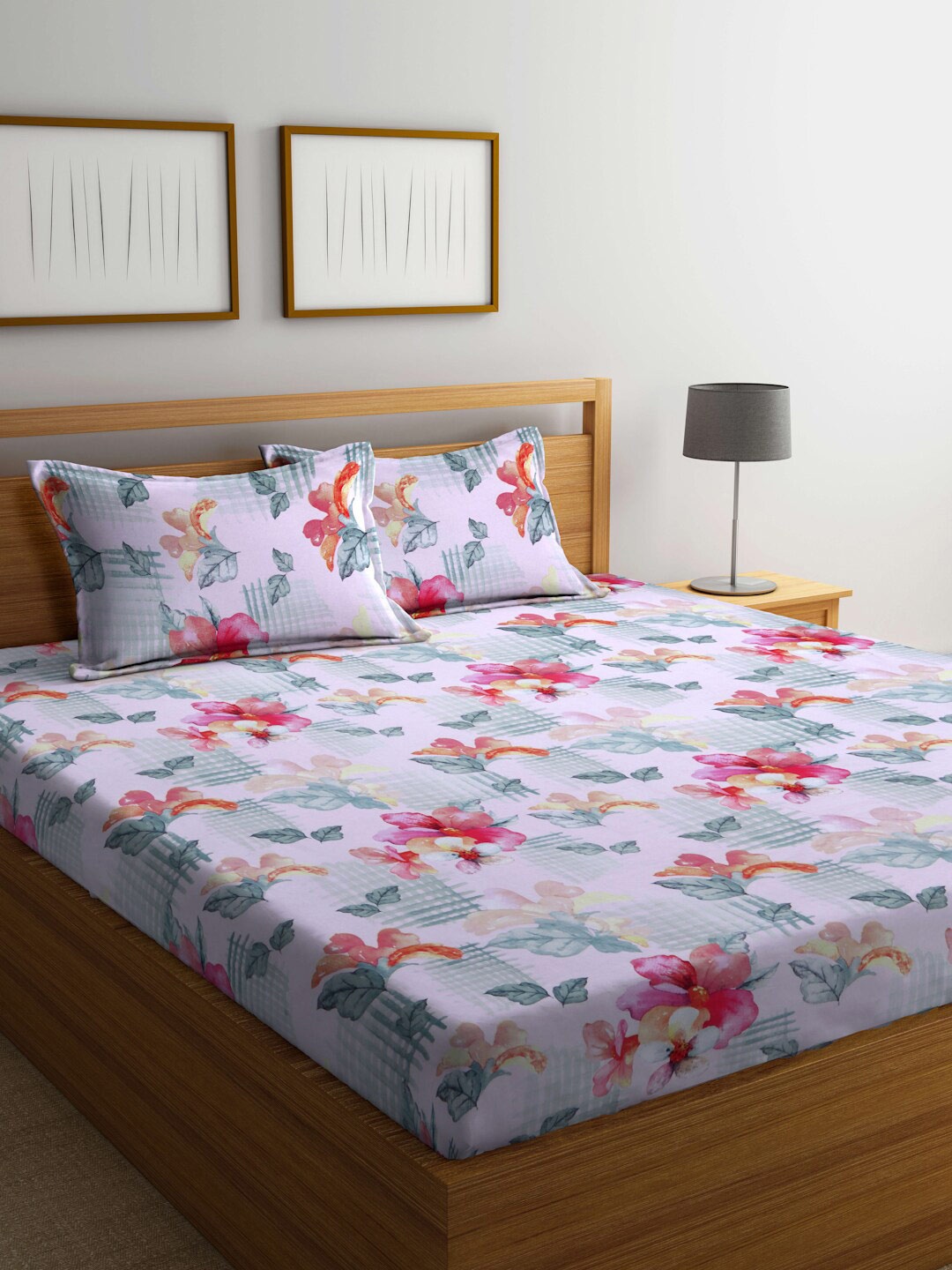 

BOMBAY DYEING Pink & Green Floral Cotton 120 TC King Bedsheet with 2 Pillow Covers