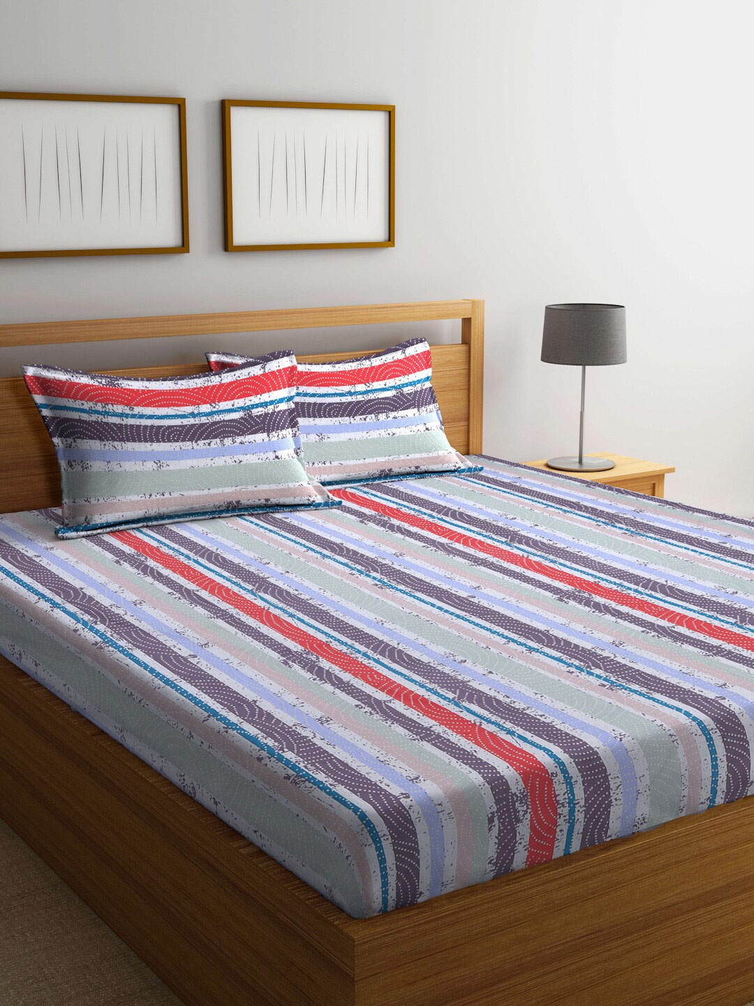 

BOMBAY DYEING Red & Grey Striped Cotton 120 TC Queen Bedsheet with 2 Pillow Covers