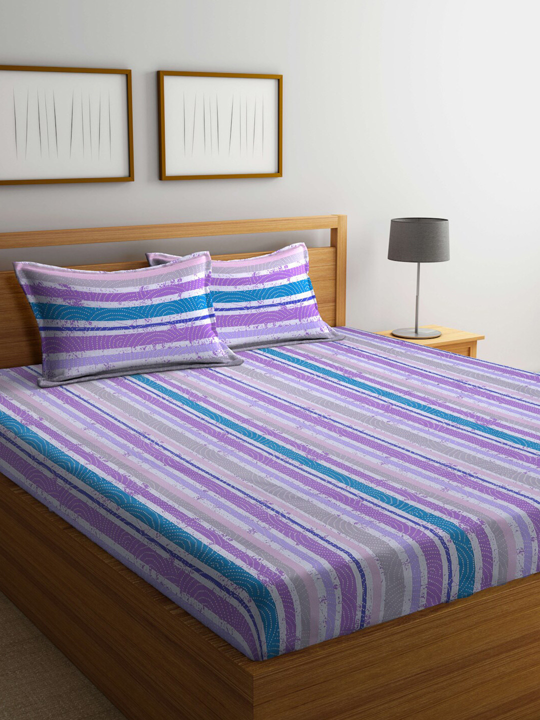 

BOMBAY DYEING Blue & Purple Striped Cotton 120 TC King Bedsheet with 2 Pillow Covers