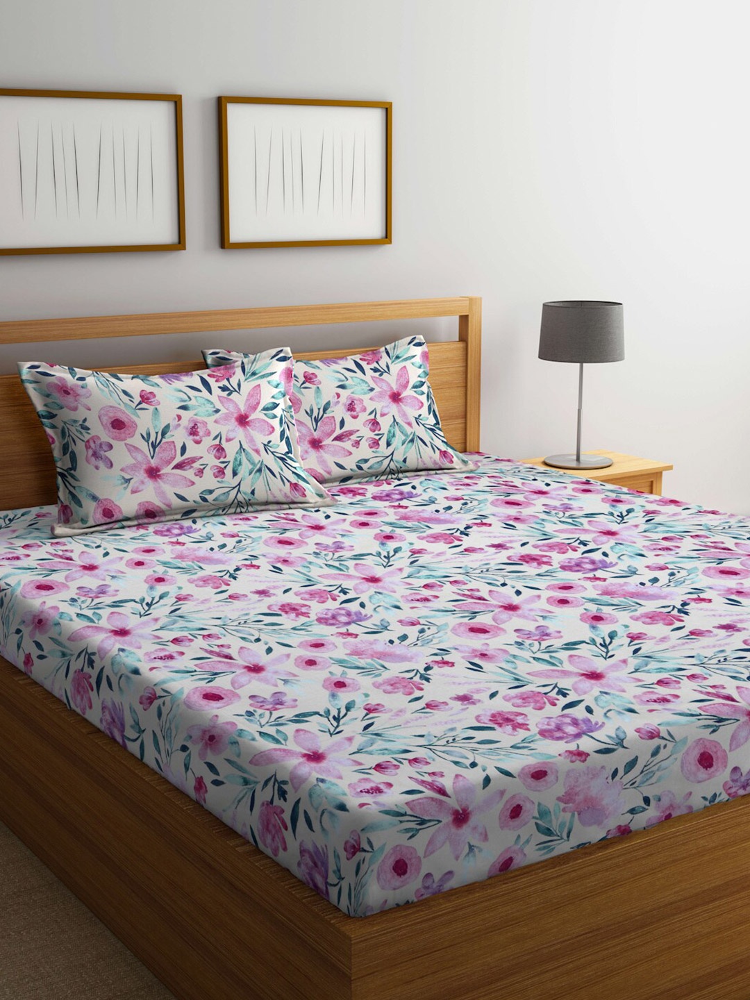 

BOMBAY DYEING Pink & Blue Floral Cotton 120 TC Queen Bedsheet with 2 Pillow Covers