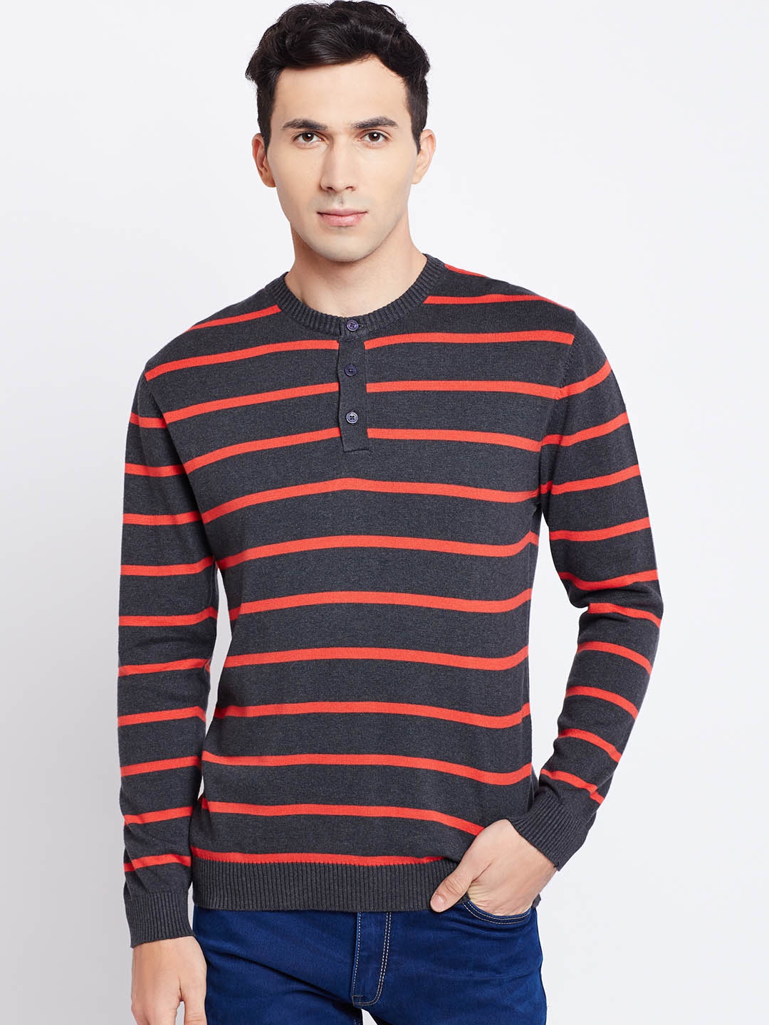 

John Players Men Charcoal Grey & Red Slim Fit Striped Sweater
