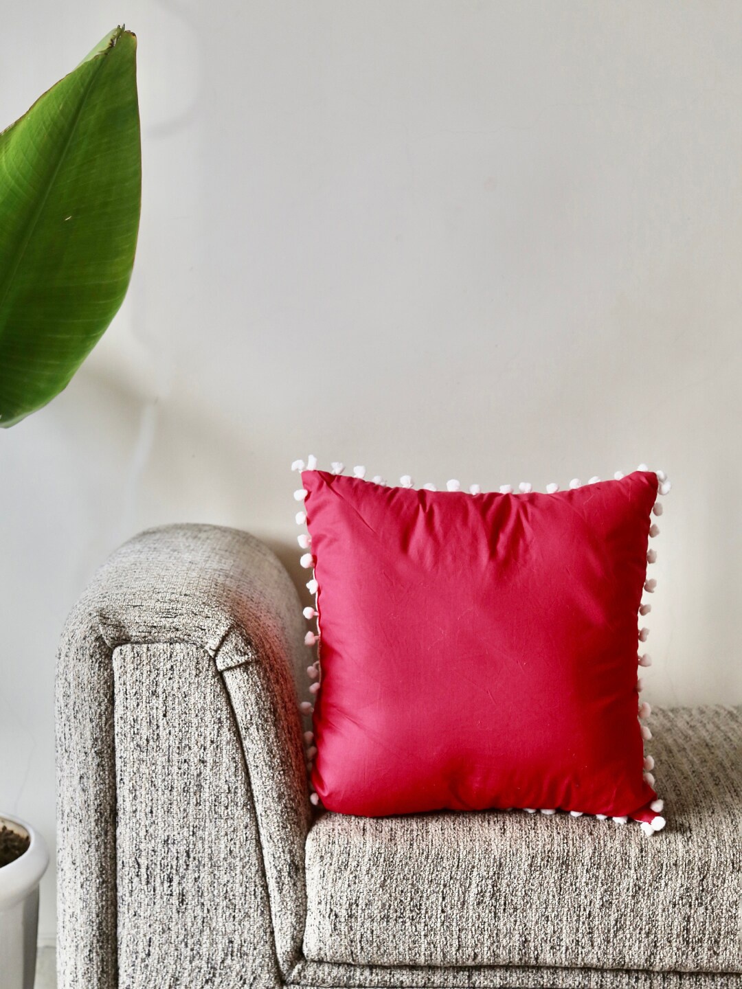 

My Gift Booth Red Solid Cotton Pom-Pom Cushion With Filler