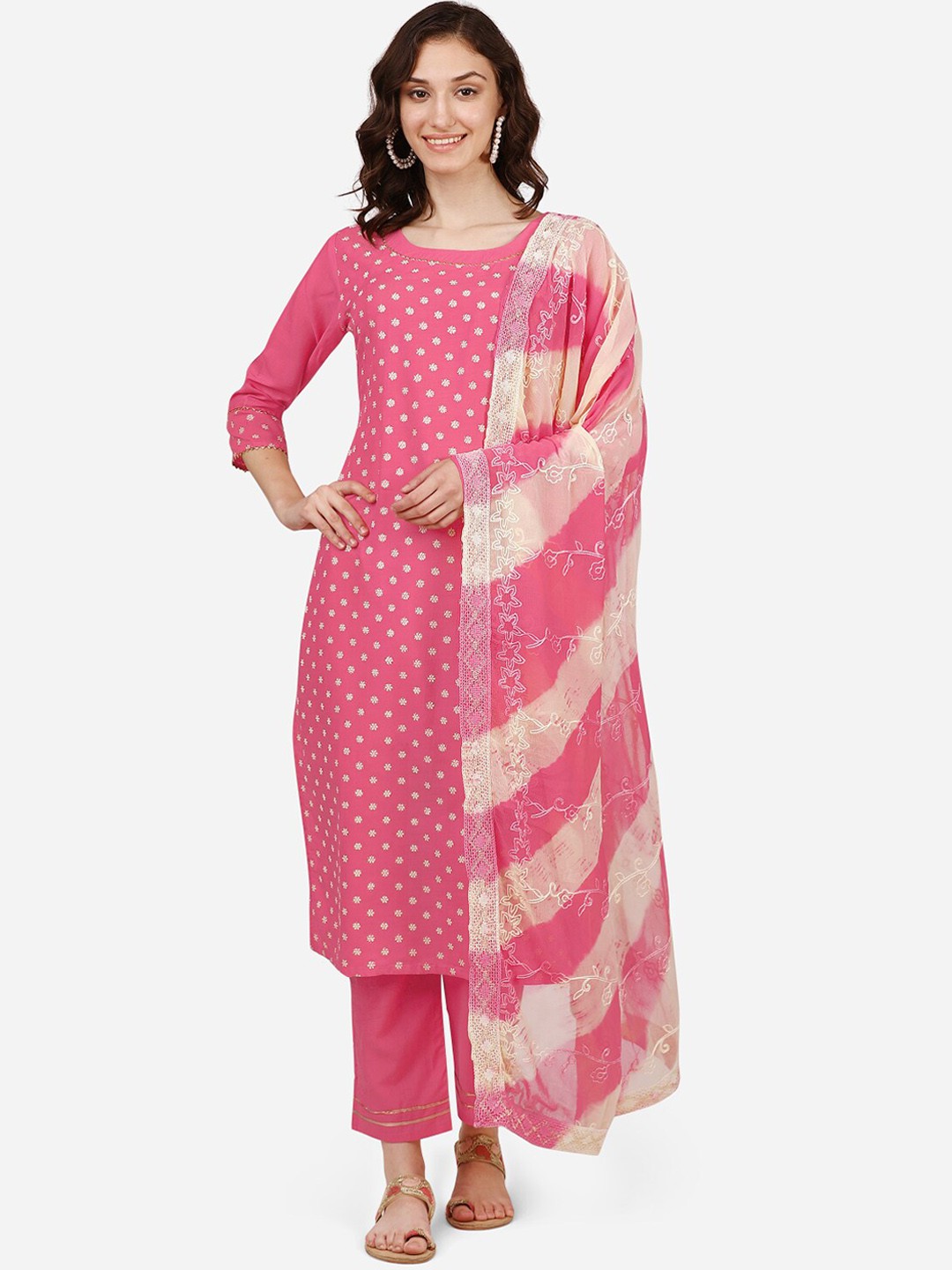 

FEMMIBELLA Women Pink Floral Embroidered Gotta Patti Kurta with Trousers & With Dupatta