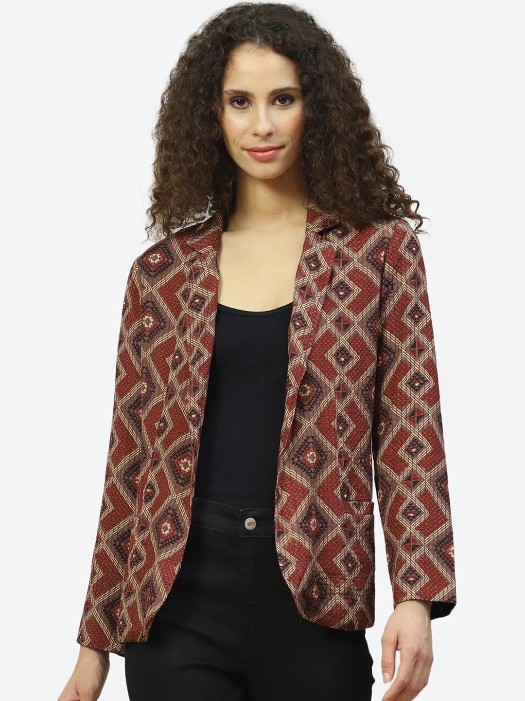 

Biba Women Brown Geometric Open Front Jacket