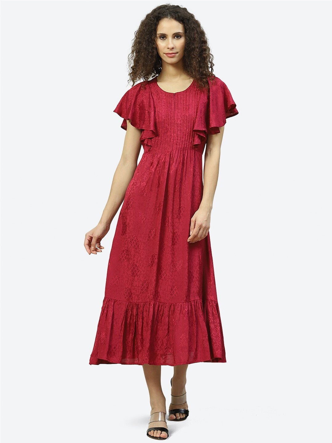 

Biba Flutter Sleeves Fit and Flare Round Neck Midi Dress, Maroon