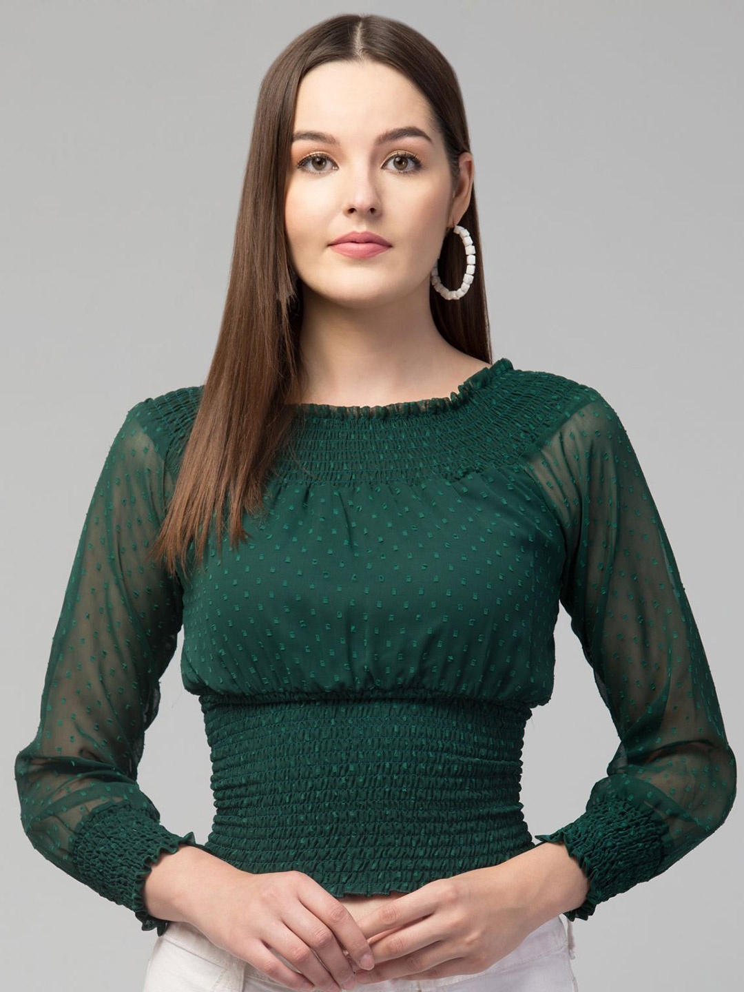 

Apraa & Parma Women Green Smocked Off-Shoulder Styled Back Top