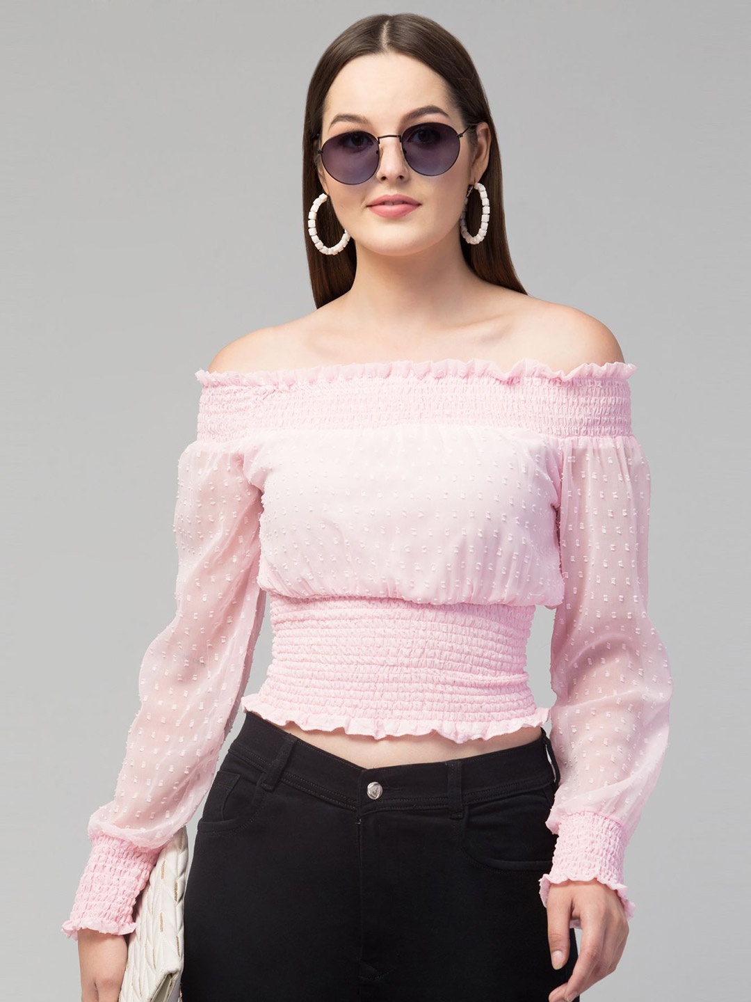 

Apraa & Parma Women Pink Smocked Off-Shoulder Styled Back Top