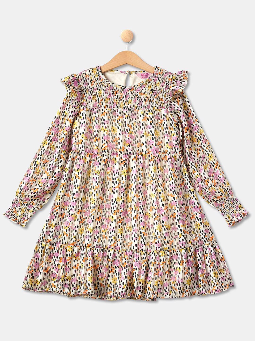 

R&B Girls Beige & Pink Floral Cotton A-Line Dress