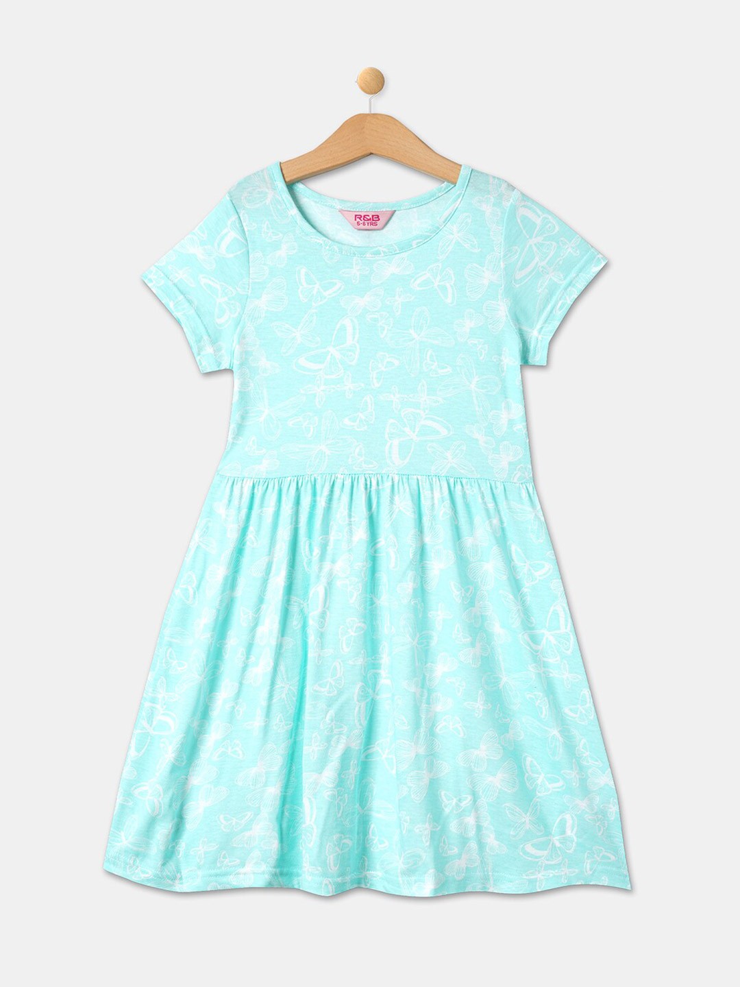 

R&B Girls Blue & White Printed Cotton A-Line Dress