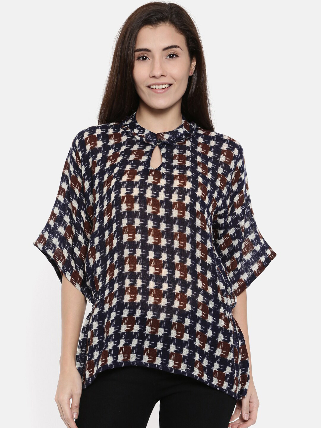 

The Kaftan Company Women Blue & Cream-Coloured Print Keyhole Neck Extended Sleeves Top