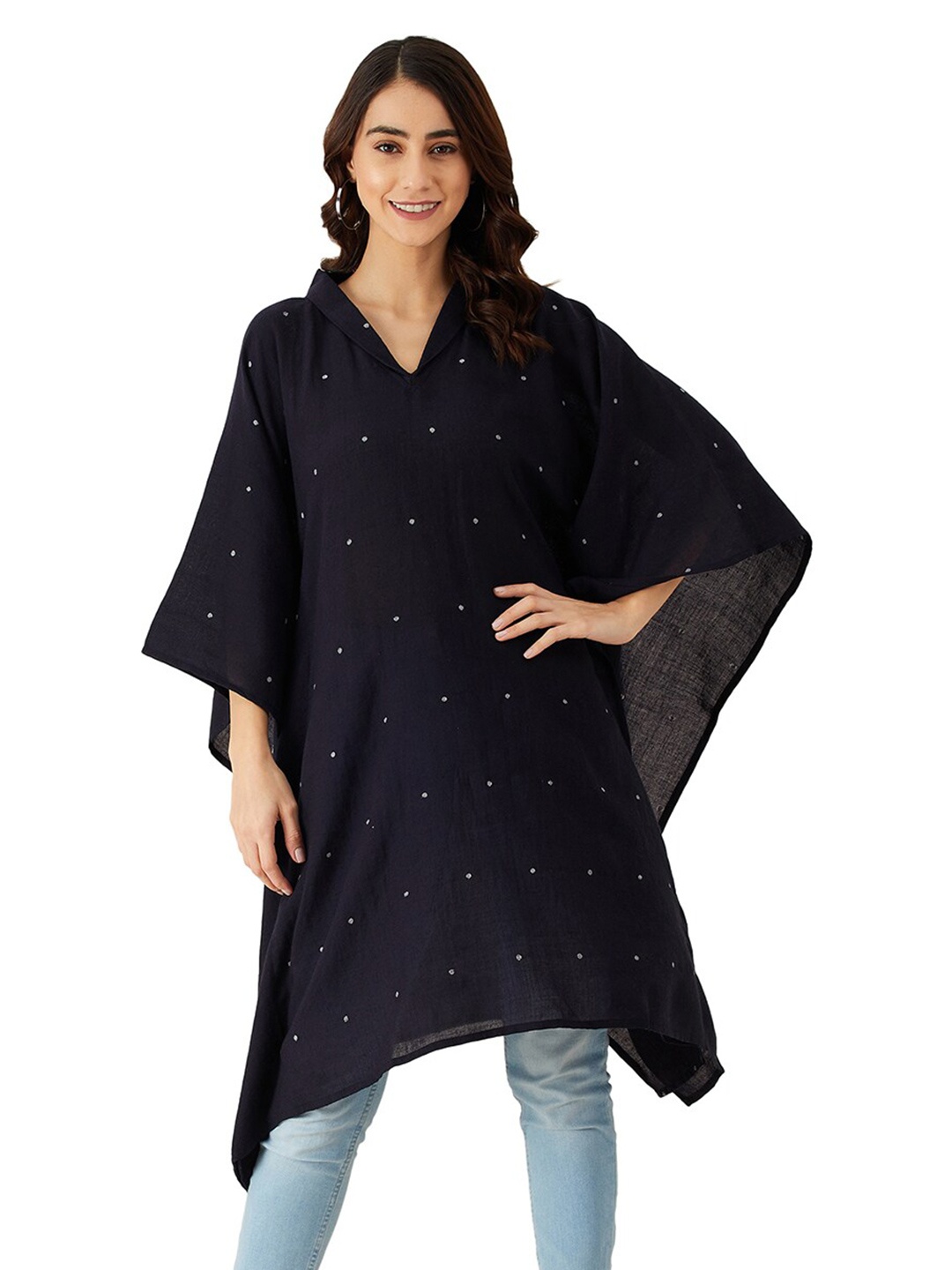 

The Kaftan Company Women Black Polka Dot Woollen Kaftan Longline Top