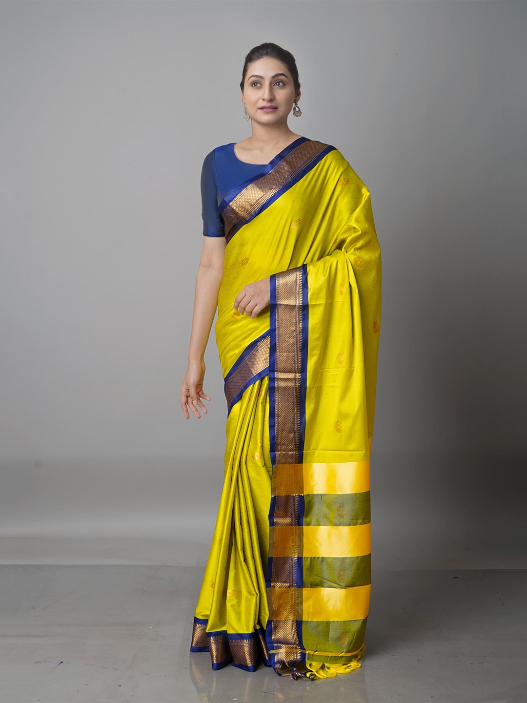 

Unnati Silks Lime Green & Blue Woven Design Zari Silk Blend Kanjeevaram Saree