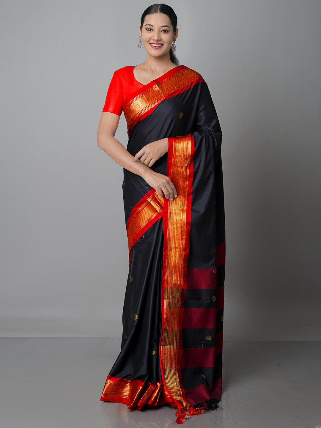 

Unnati Silks Black & Red Woven Design Zari Silk Blend Kanjeevaram Saree
