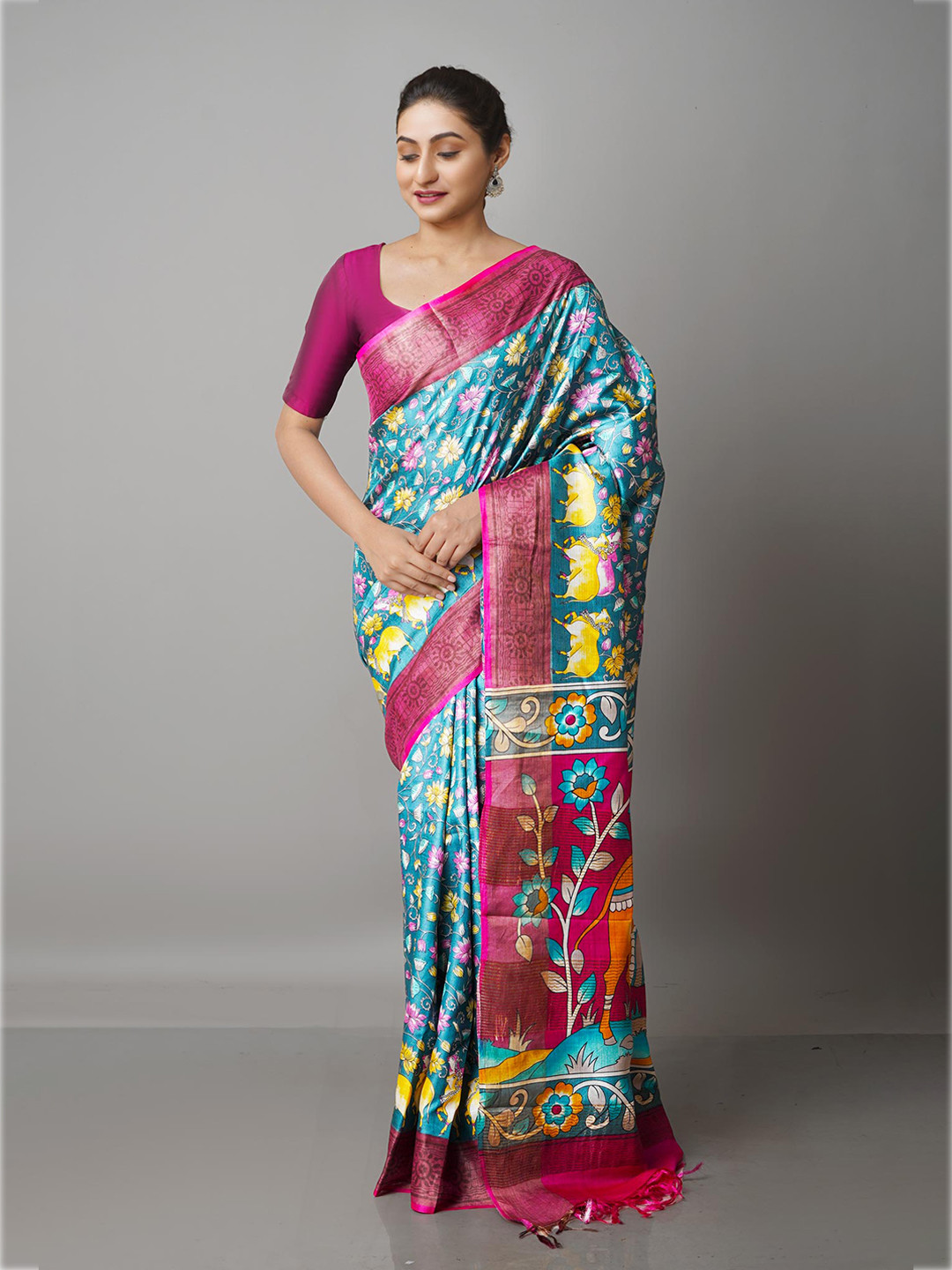 

Unnati Silks Green & Blue Floral Pure Silk Handloom Jamdani Saree