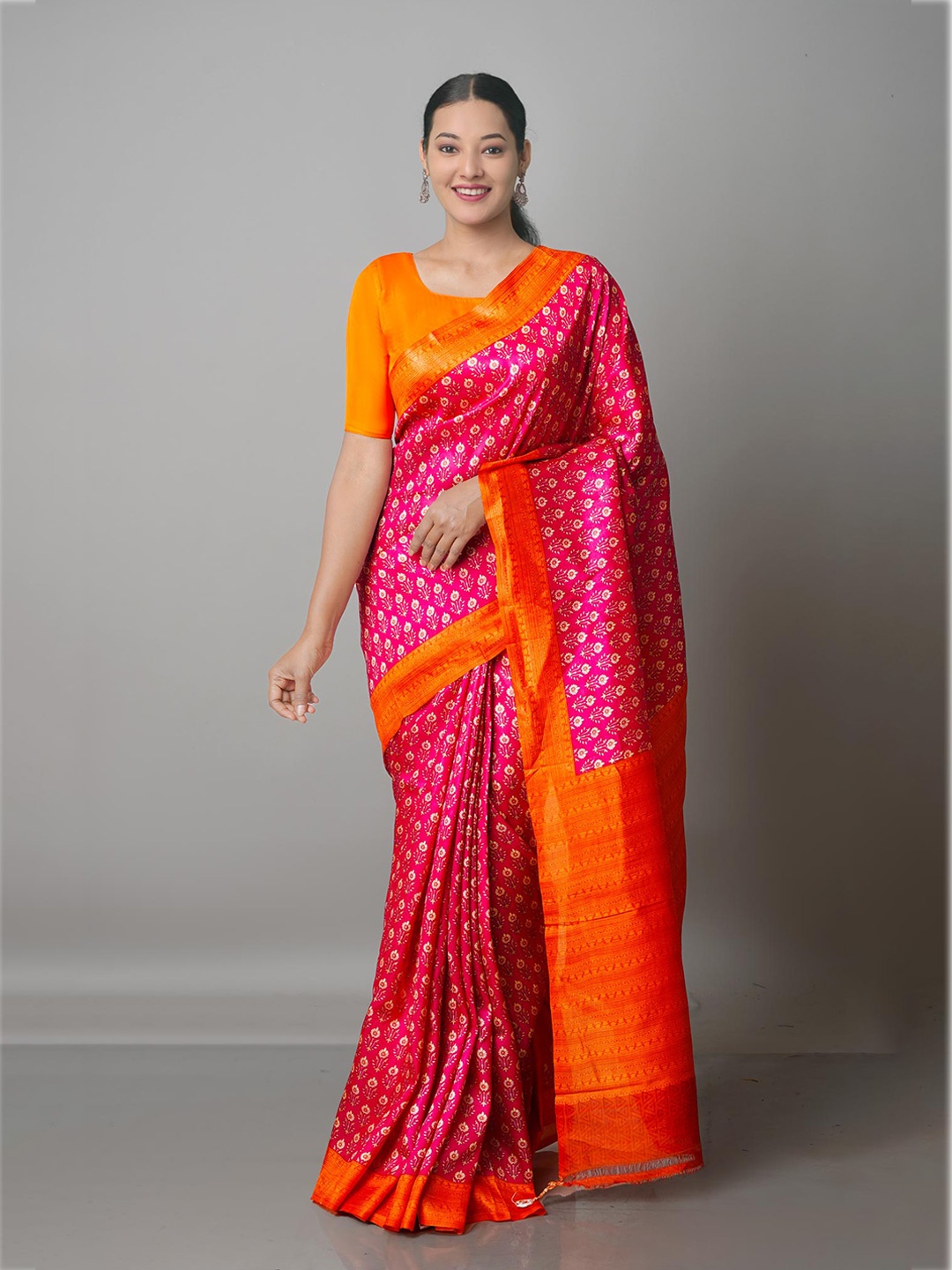 

Unnati Silks Pink & Orange Ethnic Motifs Pure Silk Mysore Silk Saree