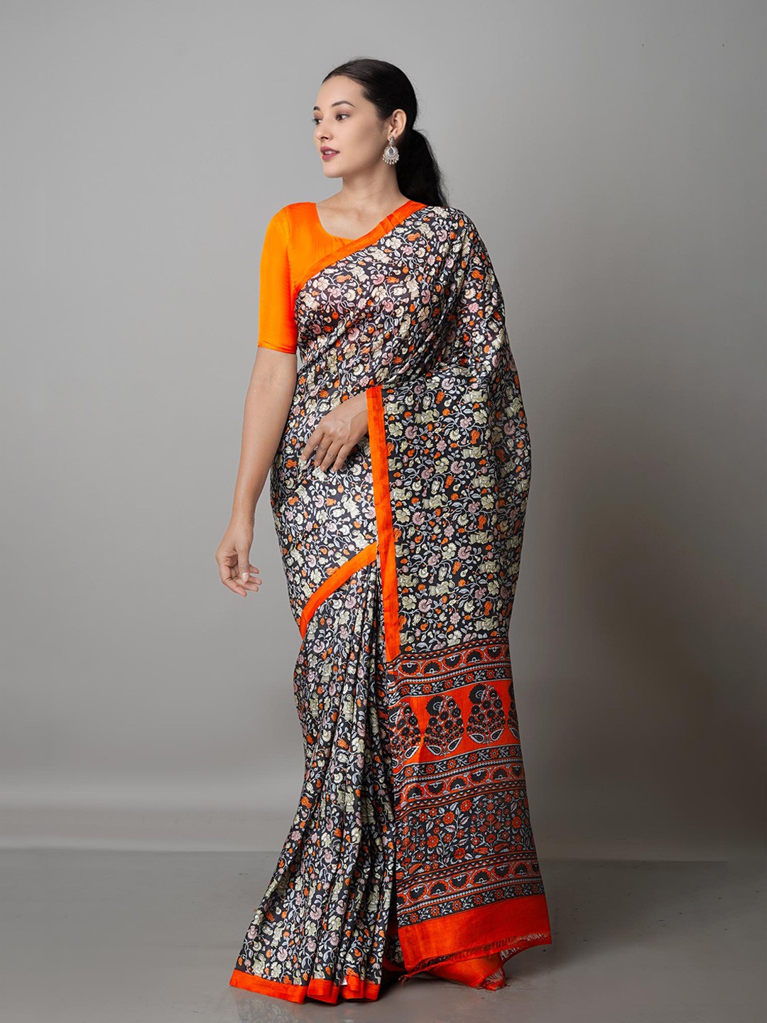 

Unnati Silks Black & Orange Ethnic Motifs Pure Silk Mysore Silk Saree